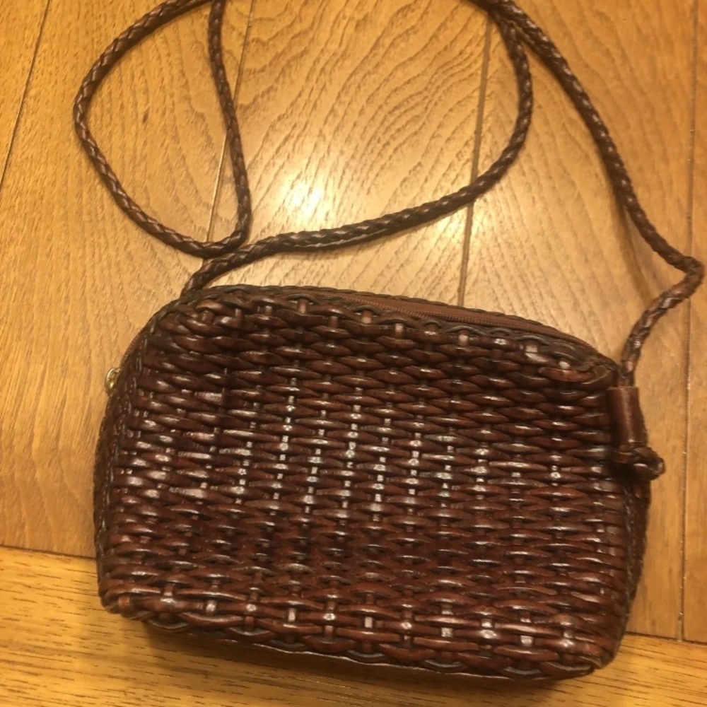 CEM Womens Woven Leather Small Crossbody Bag Purse Brown Zipper Pockets Lined